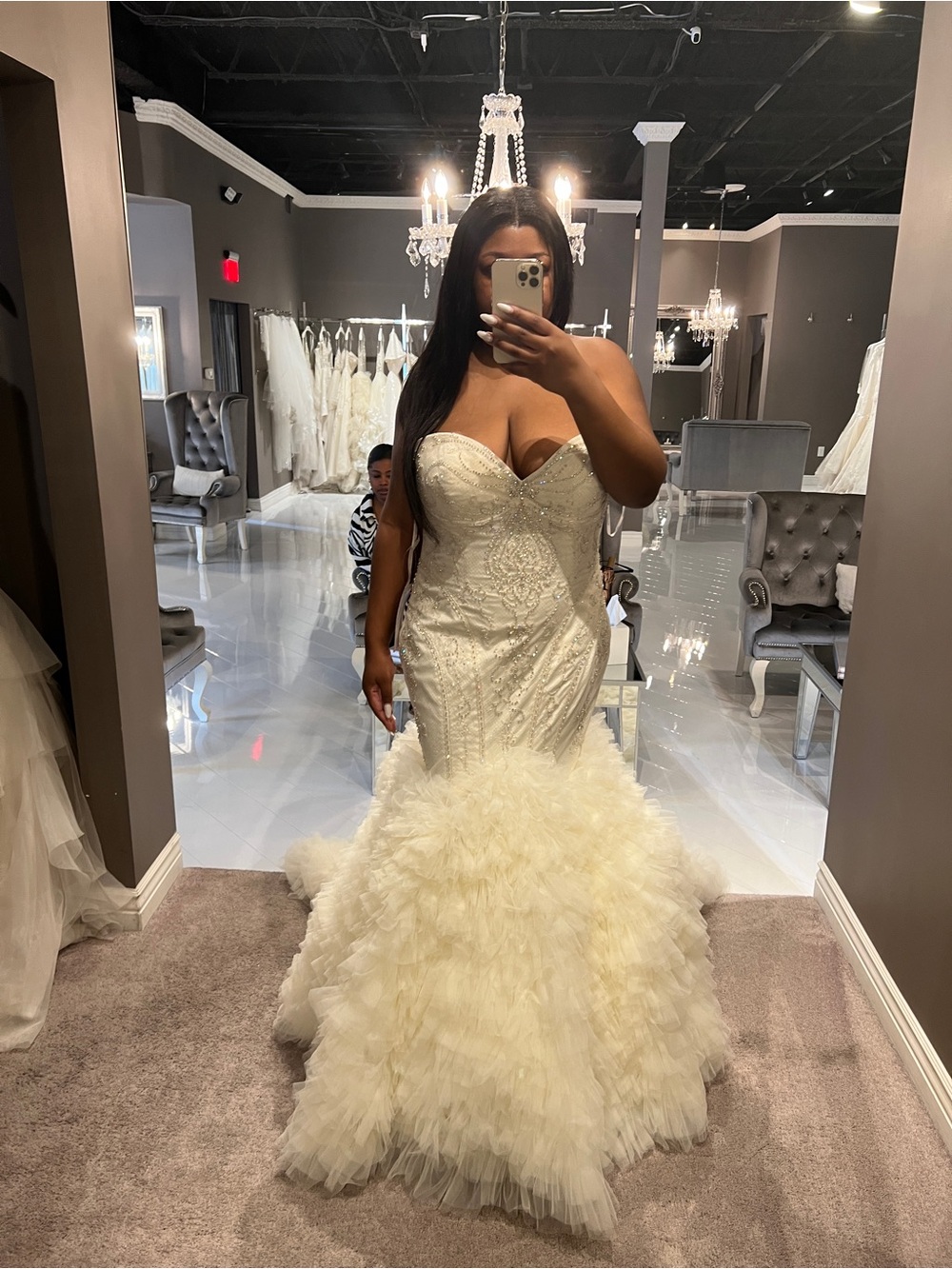 Winnie Couture Ivory Strapless Mermaid Gown with Ruffled Tulle Skirt